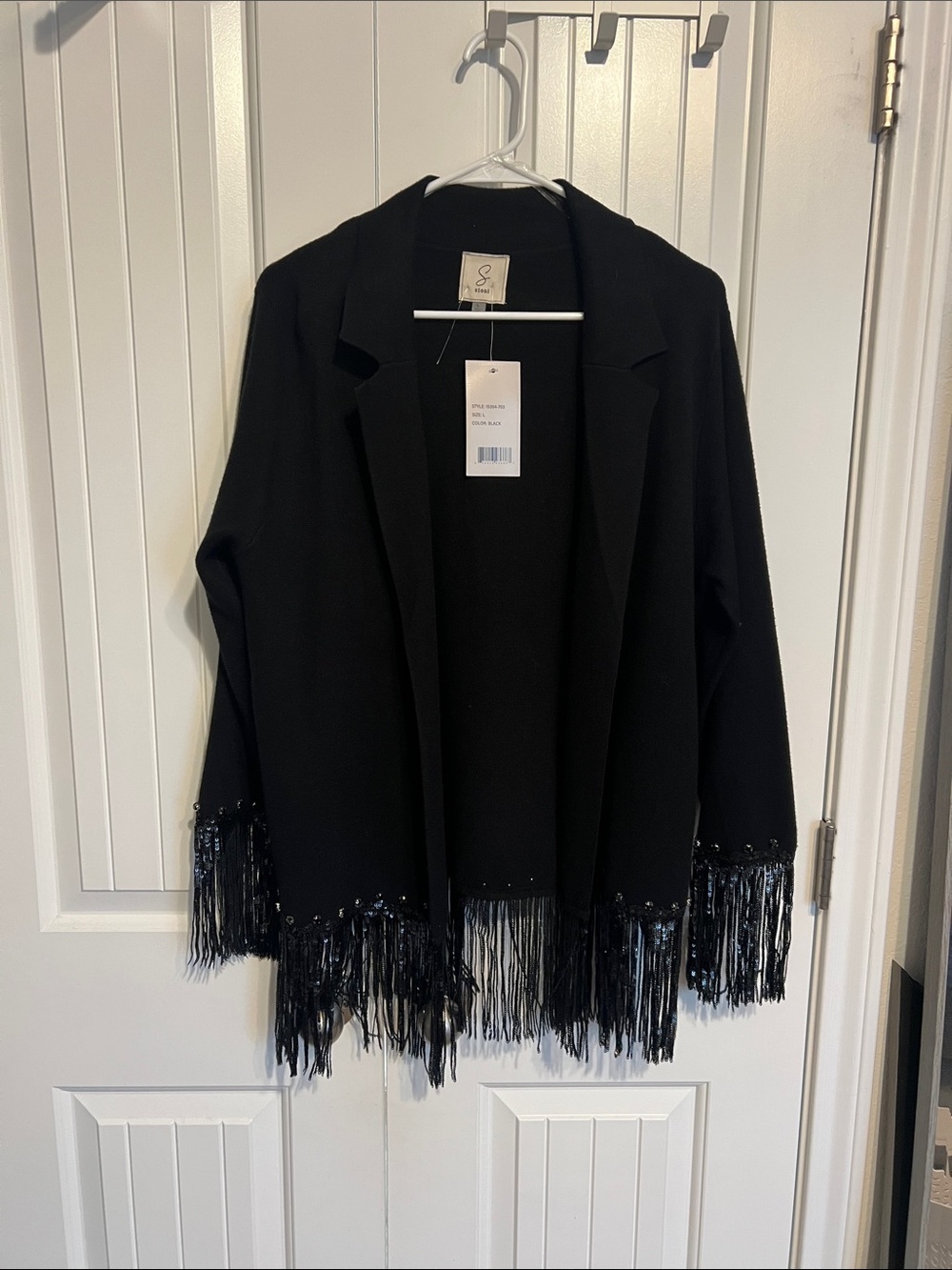 Sioni Black Fringe Hem Open-Front Blazer